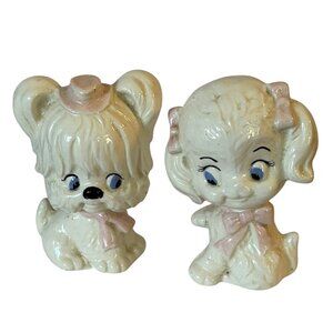 Vintage Big Eyes Puppy Dog Ceramic Figurine Girl and Boy 3.5" Hand Painted Japan